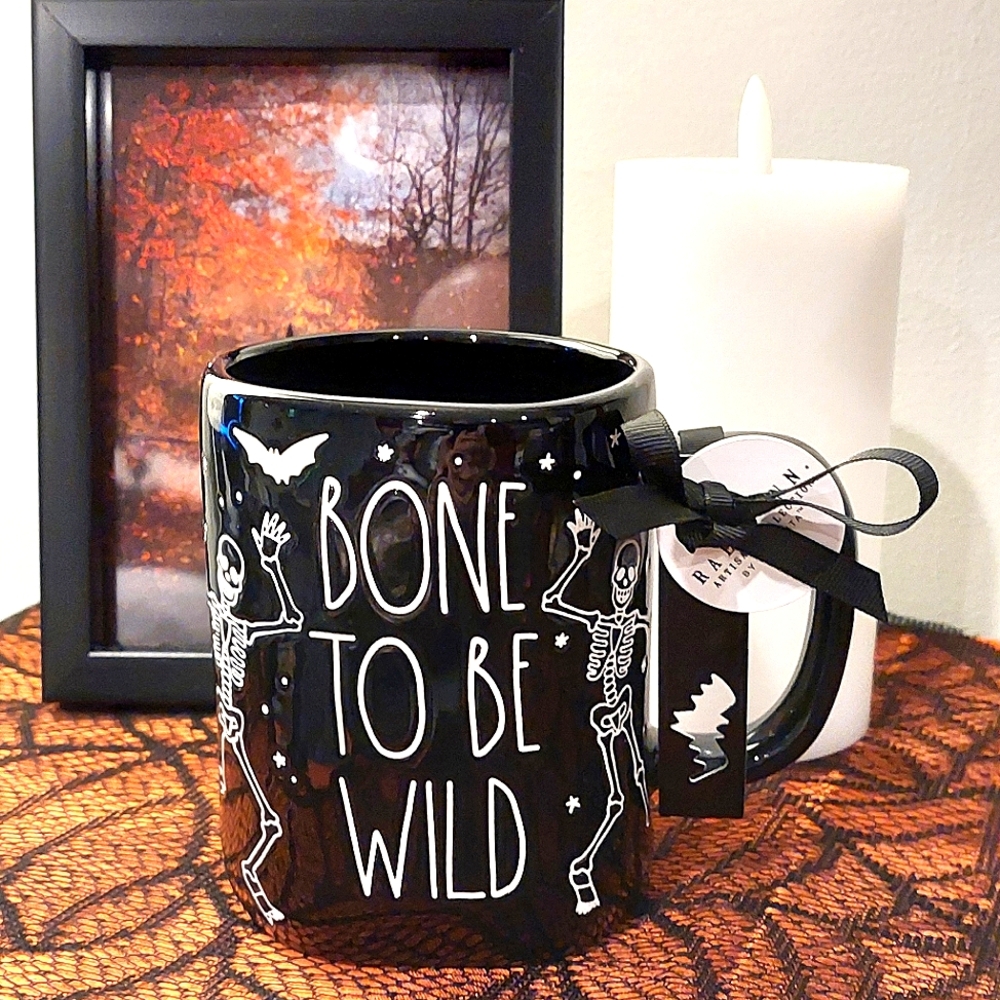 Rae Dunn Spooktacular "Bone To Be Wild" Dancing Skeletons Glossy Finish Mug NWT - Picture 1 of 8